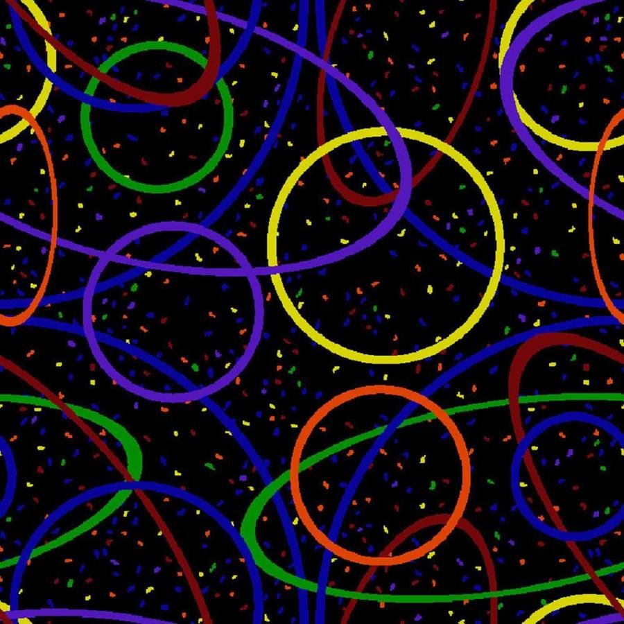 arcade carpet pattern made up of overlapping colorful circle and oval outlines and confetti on a black background