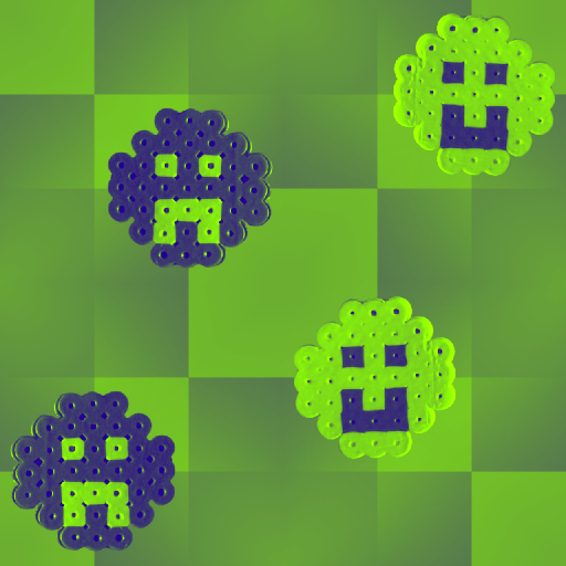 green and purple perler bead smiley faces on a green checkered background