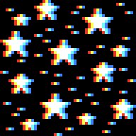 White 5-pointed pixel stars with RGB chromatic aberration in a black sky. The pixel art is scaled up by 400%.