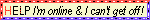 'help! i'm online & i can't get off' blinkie with red and blue border on tan background