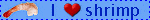 'i heart shrimp' blinkie with realistic cooked shrimp on blue background