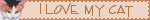 'I love my cat' blinkie with a realistic calico cat head and orange-brown text on pale orange background