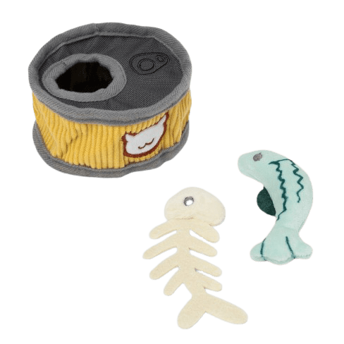 photo of 3 stuffed cat toys: a cat food can, a light blue fish, and a fish skeleton
