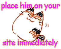 crayon style drawing of a very round calico cat, captioned 'place him on your site immediately'
