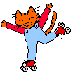 spinning cartoon cat wearing overalls and rollerskates
