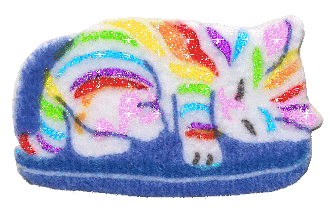 sticker of a glittery rainbow striped white cat sleeping on a blue pillow