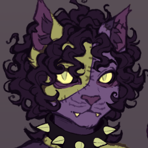 icon of a purple and green zombie cat with curly hair.