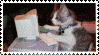 animated stamp of a photorealistic tabby cat typing on an old computer