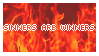 'Sinners are winners' stamp with outlined red text on a flaming background.