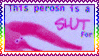 flashing worm on a string stamp with 'this person is a slut for' written over a pink worm