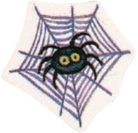 stylized black spider with yellow eyes at the center of a small web