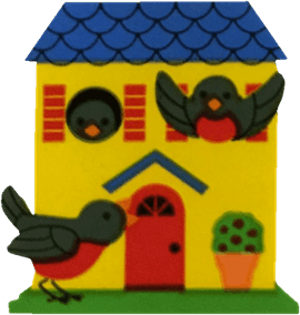 Blue and yellow family birdhouse with three robins. It has a red door and a small grass lawn.
