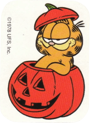 Garfield the cartoon cat smiling widely and holding out a hand while wearing a simple black mask.