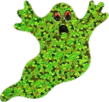 glittery green ghost with open mouth and red eyes