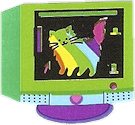 green and blue pc monitor with heart buttons. the screen displays a rainbow cat