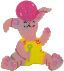 light brown bunny in a yellow jumper, using a bubble wand to blow a large pink bubble