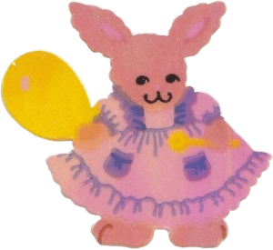 light brown bunny in a frilly pink dress holding a bubble wand with a large yellow bubble