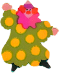 simple stylized clown with light skin and a large red nose, dressed in green polka dots