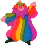 simple stylized clown with light skin and a large red nose, dressed in rainbow stripes