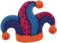 fuzzy blue, pink, and orange jester hat with bells
