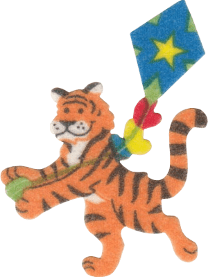 smiling orange tiger standing on its hind legs holding a brightly colored starry kite