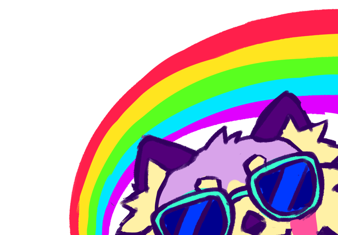 a smiling purple red panda wearing sunglasses with a rainbow behind it