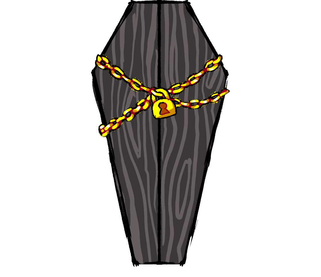 a dark coffin, wrapped in gold chain and locked with a padlock