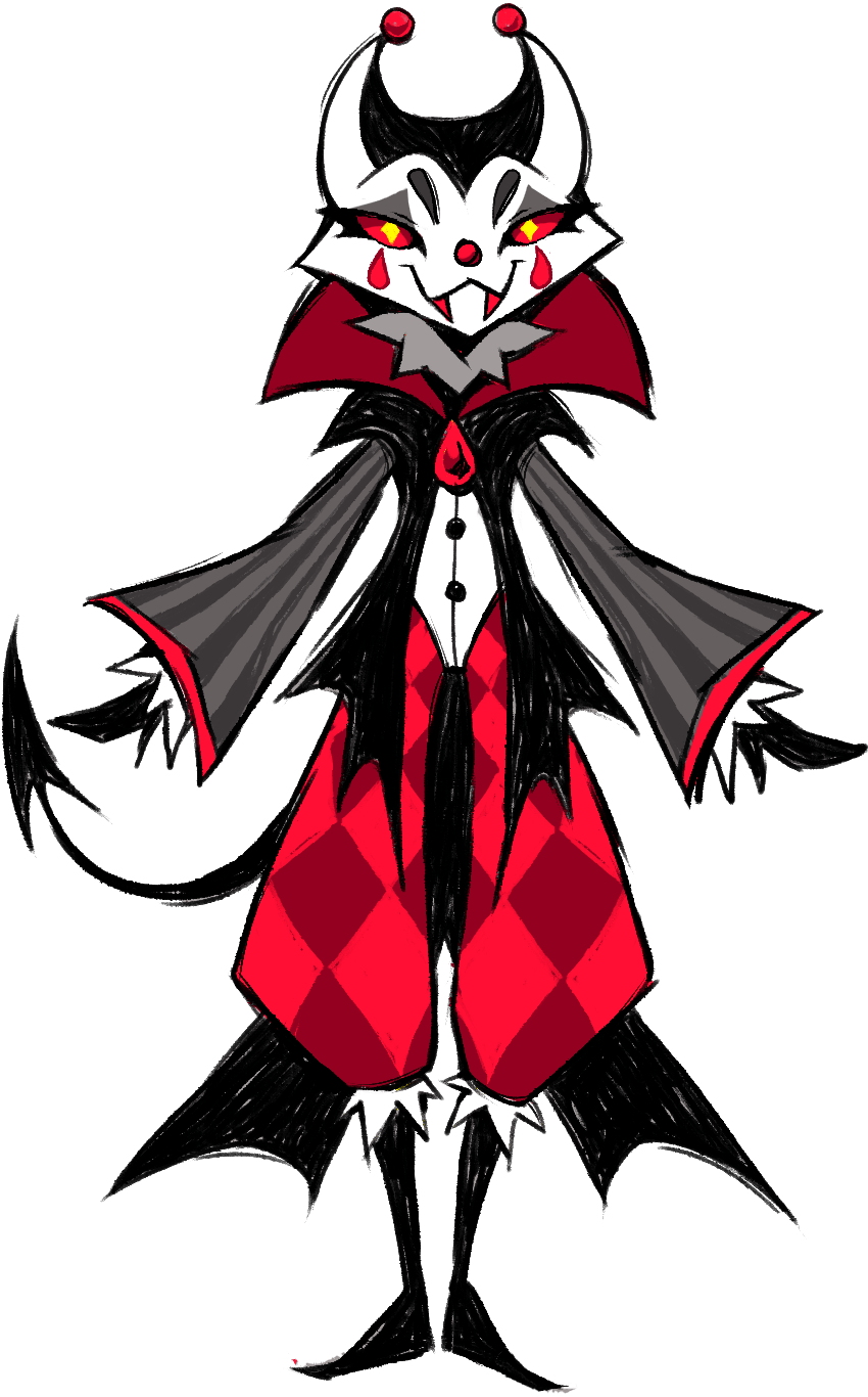 a well-dressed vampire clown. its catlike face is painted white with red teardrops on each cheek. its clothing is a blend of jester and classic vampire themes with bat wing shapes, and it is wearing a blood drop pendant.