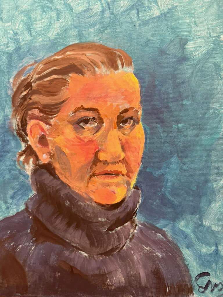 Loose three-quarters bust portrait of a middle-aged white woman with blue eyes and graying brown hair in a high ponytail. She is wearing a dark turtleneck sweater and looking at the viewer with a slightly parted mouth. The background is a swirled blue.