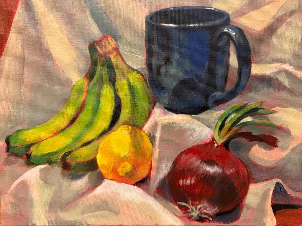 Realistic painting of kitchen items on a crumpled white fabric backdrop. Hints of red underpaint show through.